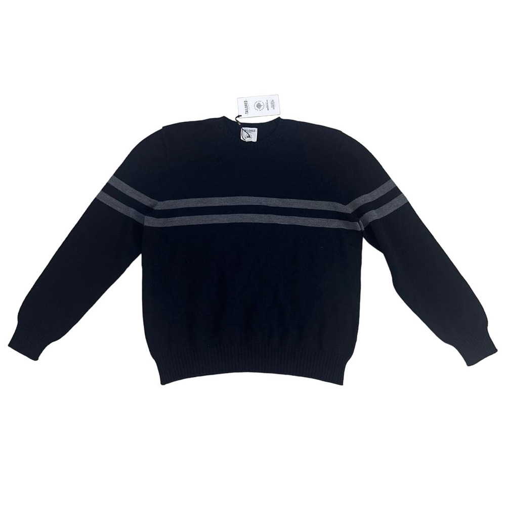 NWT Men L Tailored Industry Allen Edmond Varsity Stripe Sweater Navy Merino Wool